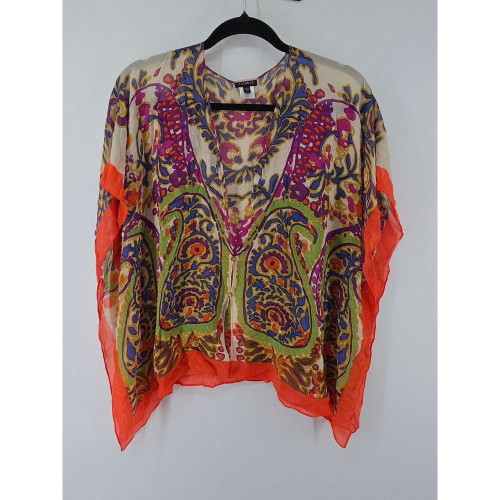 Talbots Silk Paisley Poncho Top Orange Multi Sheer Chiffon Cover Up S/M